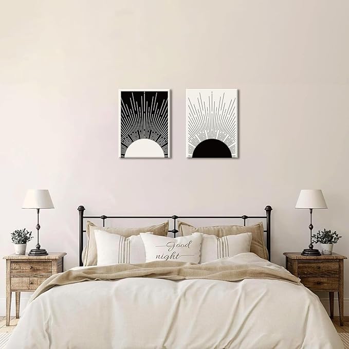 Hwetui Framed Boho Sun Wall Art Set of 2 Black and White Minimalist Sunrise Canvas Prints Abstract Sunshine Painting Geometric Line Pictures Home Decor for Living Room Bedroom Bathroom 12x16in