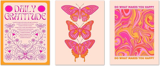 Hwetui Butterfly Wall Art Poster Set of 3 - Pink Orange Preppy Wall Decor Pictures, Daily Gratitude Paintings Prints Aesthetic Home Decor for Girls Bedroom Dorm Apartment 12x16 inch Unframed