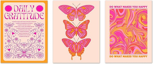 Hwetui Butterfly Wall Art Poster Set of 3 - Pink Orange Preppy Wall Decor Pictures, Daily Gratitude Paintings Prints Aesthetic Home Decor for Girls Bedroom Dorm Apartment 16x24 inch Unframed