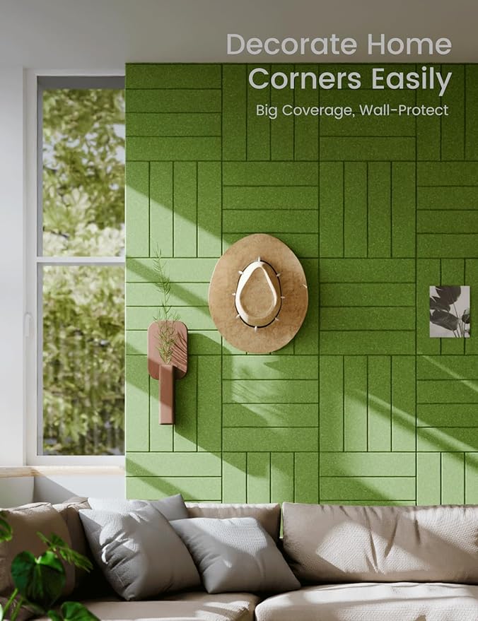 Felt Bulletin Board Tiles Large 48" x 36" Cork Board Alternative-12 Pack with 70 Adhesive Tabs, Thick Slat Wall Panels for Office Decor, Push Pin Board Wall Organizer Alternative-Grass Green