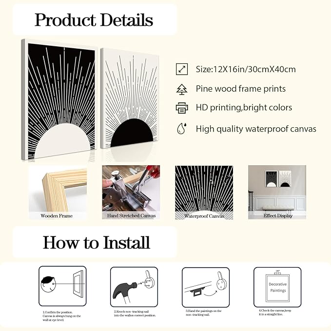 Hwetui Framed Boho Sun Wall Art Set of 2 Black and White Minimalist Sunrise Canvas Prints Abstract Sunshine Painting Geometric Line Pictures Home Decor for Living Room Bedroom Bathroom 12x16in