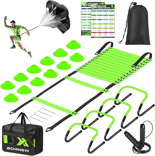 Soccer Agility Speed Training Equipment, Football Practise Set with 20 ft Agility Ladder, 12 Cones, 4 Adjustable Hurdles, Jump Rope, Parachute, for Basketball, Football, Kids, Youth, Adults