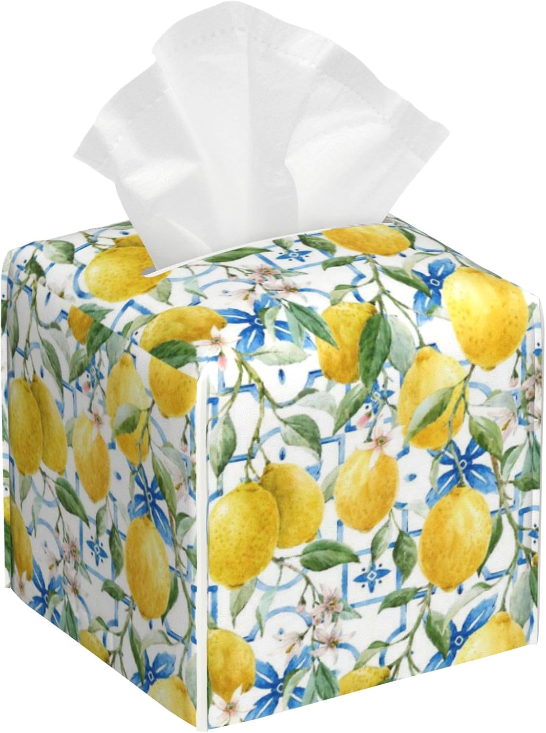 Watercolor Lemons Leather Tissue Holder,Blue Tiles Square Tissue Box Cover with Bottom Belt,Modern Decorative Facial Tissue Paper Cover for Bedroom Nightstand Vanity Desk Office,5.2" x 5.2" x 5.2"