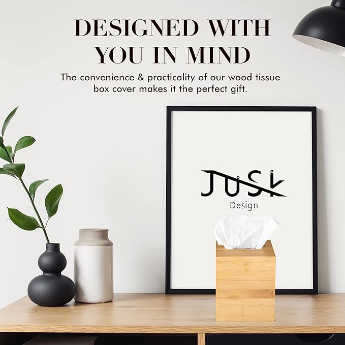 JUSK Design Tissue Box Holder - Modern, Minimalist, Durable Wooden Box with Sliding Bottom, Easy-Refill - Premium-Quality Bamboo Cover, Square