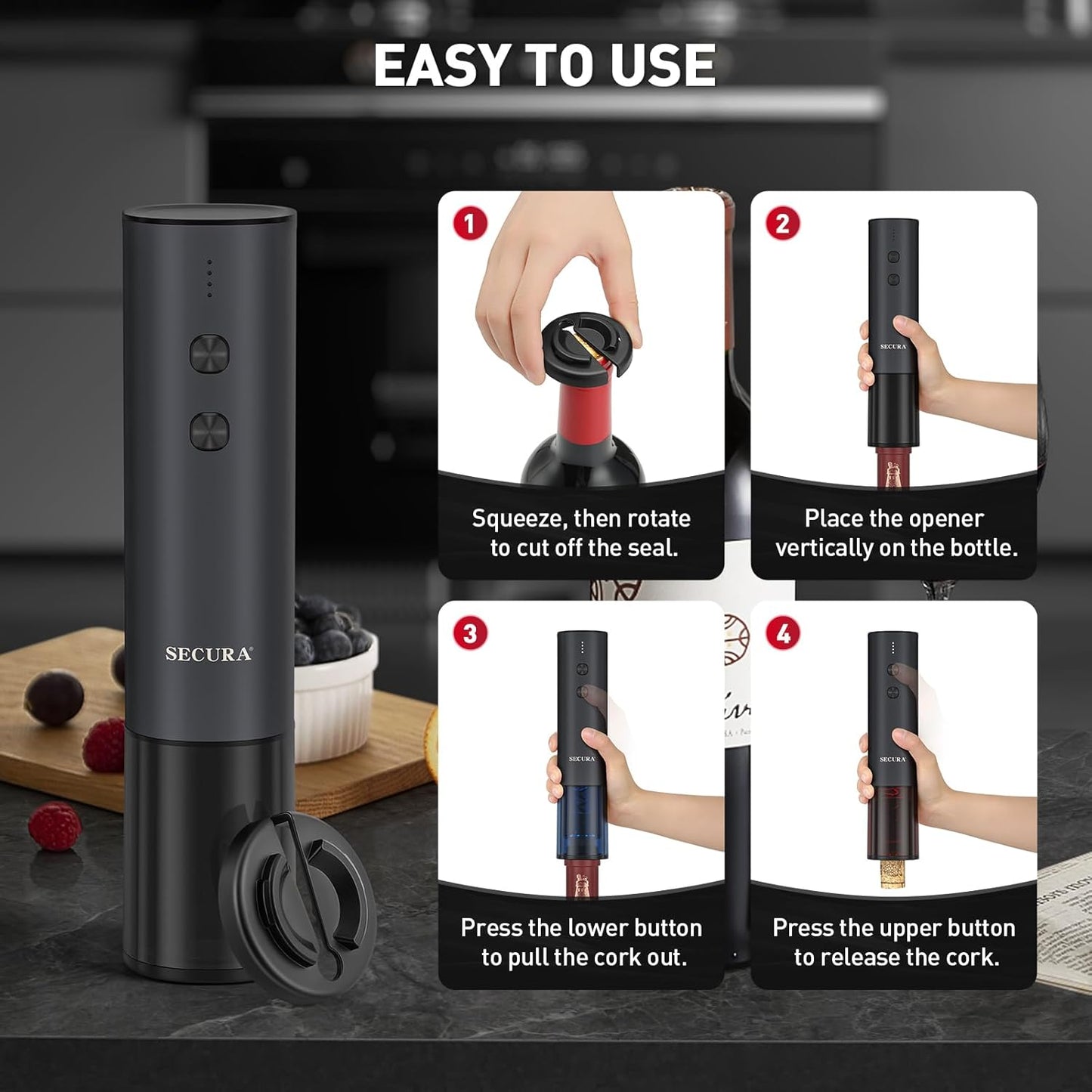 Secura Stainless Steel Electric Wine Opener, Rechargeable Automatic Home Wine Bottle Opener with Foil Cutter & Charging Cable, Reusable Corkscrew Wine Opener Electric for Wine Lovers, Black