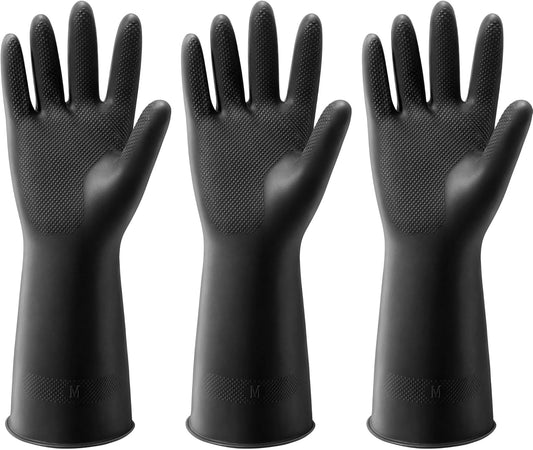 ThxToms 3 Pairs Dishwashing Gloves, Reusable Latex Cleaning Gloves for Housework Kitchen Bathroom, Durable Flexible & Anti-slip, Smooth Lining, Easy On & Off, Medium, Black