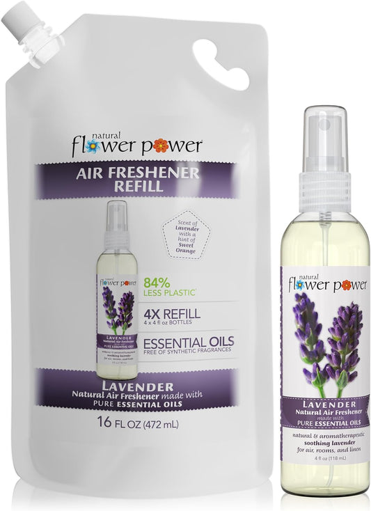 Natural Flower Power Air Freshener Spray Refills - Odor Eliminator w/Essential Oils - Home, Car & Fabric - Cruelty Free & Vegan – Lavender Spray 4 fl oz + Refill 16 fl oz Combo