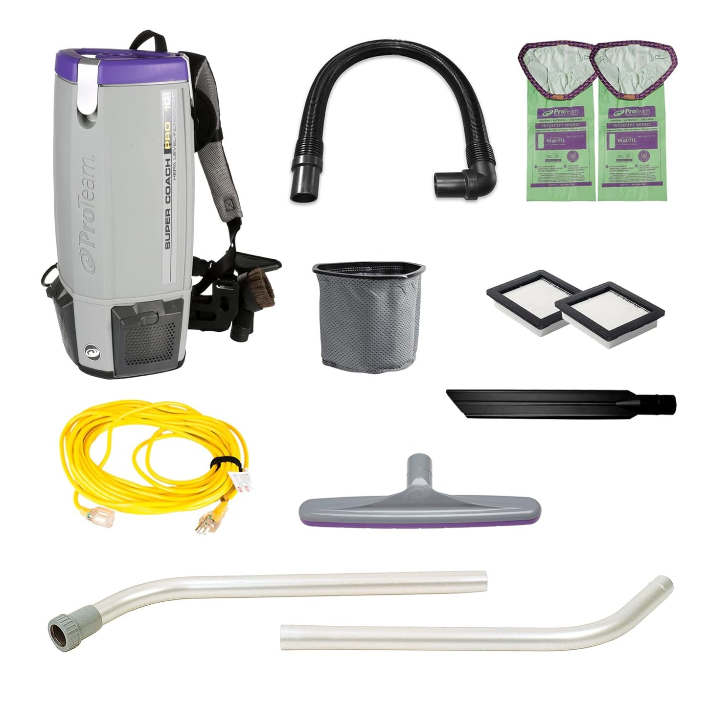 ProTeam Super Coach Pro 10 Backpack Vacuum Commercial with 2 Piece Wand Tool Kit, 10 Quart, Corded,107304