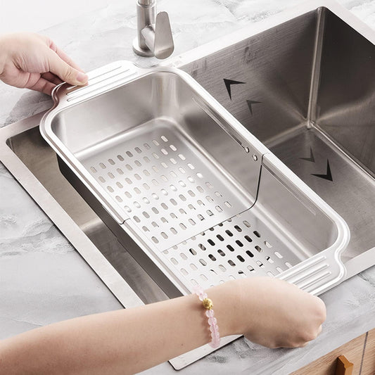 ZDRongZhen Kitchen Supply-Over the Sink Colander Strainer Basket Stainless Steel Retractable Kitchen Sink Basket -Wash Vegetables and Fruits, Drain Pasta and Dry Dishes,Extendable (Medium Silver)