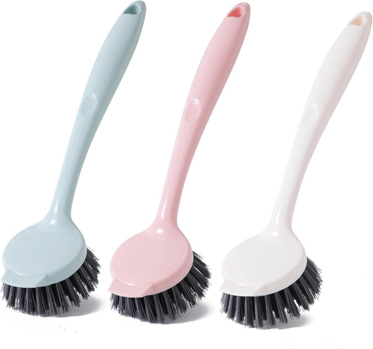 3 Pack Multifunctional Kitchen Dish Scrubber Brush with Built-in Scraper, Dish Brush with Handle,Kitchen Scrub Brushes for Cleaning, Dish Scrubber with Stiff Bristles for Sink, Pots, Pans