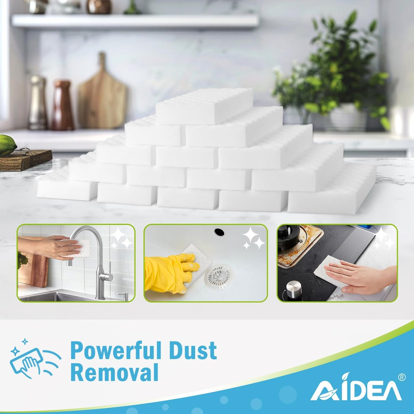 AIDEA Magic Sponges Cleaning Eraser, 2X Density Stronger Sponge for Household, Powerful Scrubber Foam Pads, Multi-Surface Cleaning Supplies for Kitchen, Furniture, Bathroom, Sink, Wall, 96 Pads
