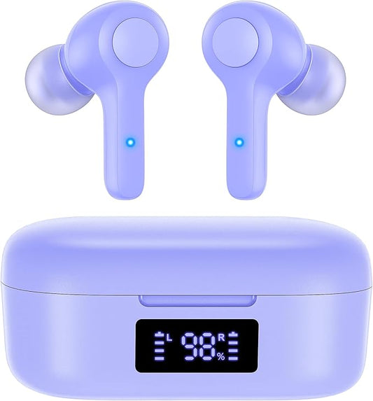 MOZOTER Bluetooth 5.3 Wireless Earbuds,Deep Bass Loud Sound Clear Call Noise Cancelling with Microphones in-Ear Headphones with Wireless Charging Case Compatible for iPhone Android,Work-Purple