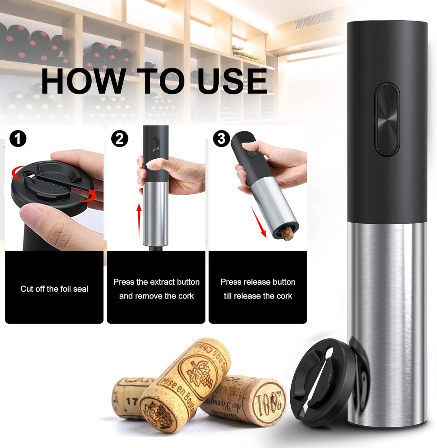 COKUNST Electric Wine Openers, Reusable Wine Bottle Corkscrew Opener with Foil Cutter, Battery Operated Stainless Steel Wine Remover for Home Kitchen Party Bar Restaurant