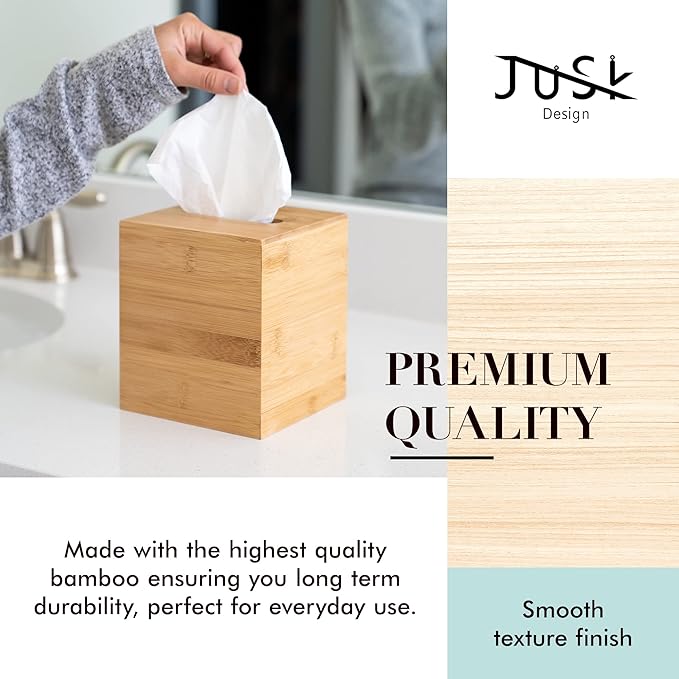 JUSK Design Tissue Box Holder - Modern, Minimalist, and Durable Wooden Tissue Box with Sliding Bottom, Easy-Refill - Premium-Quality Bamboo Tissue Box Cover, Square, Pack of 2
