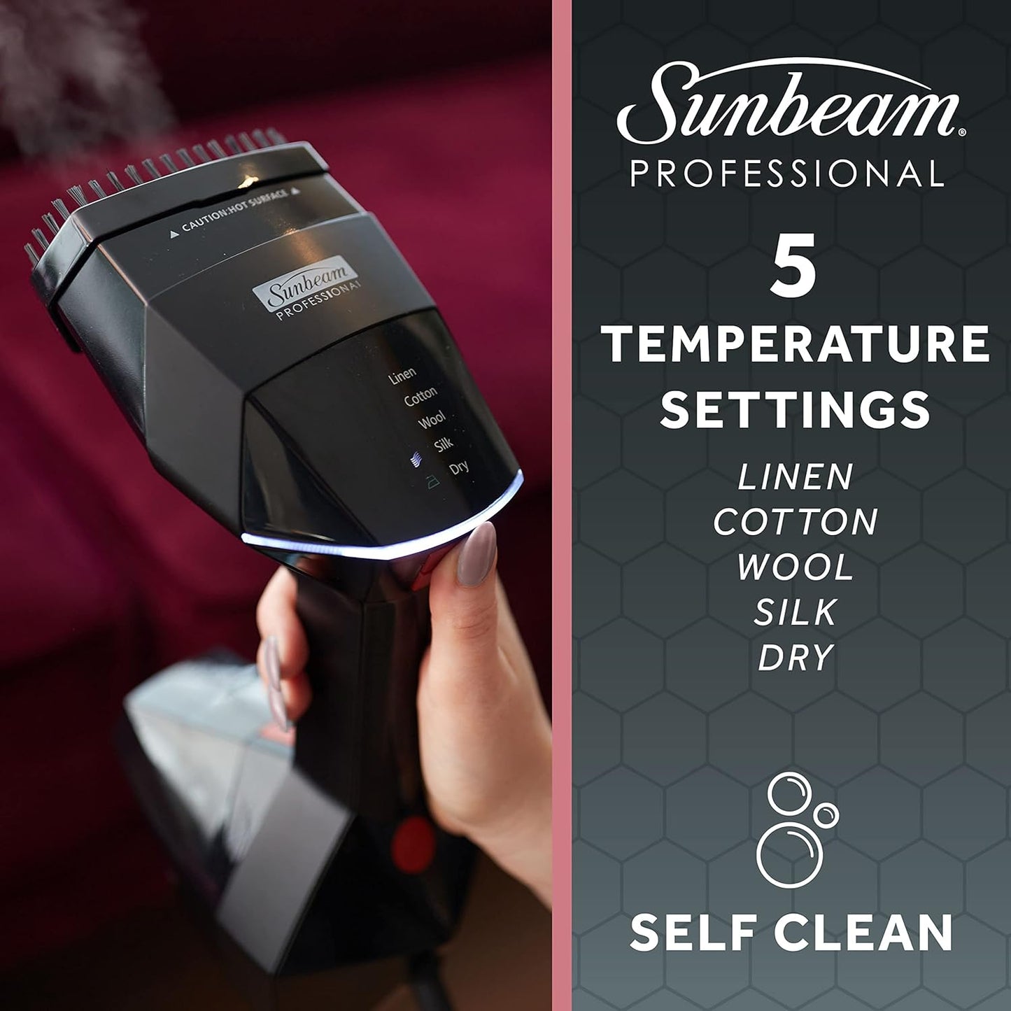 Sunbeam Professional 1575W Handheld Steamer for Clothes, Variable Temperature Control, 25-Second Fast Heat-Up, Bristle Brush, Delicate Fabric Attachment, Black and Red Finish