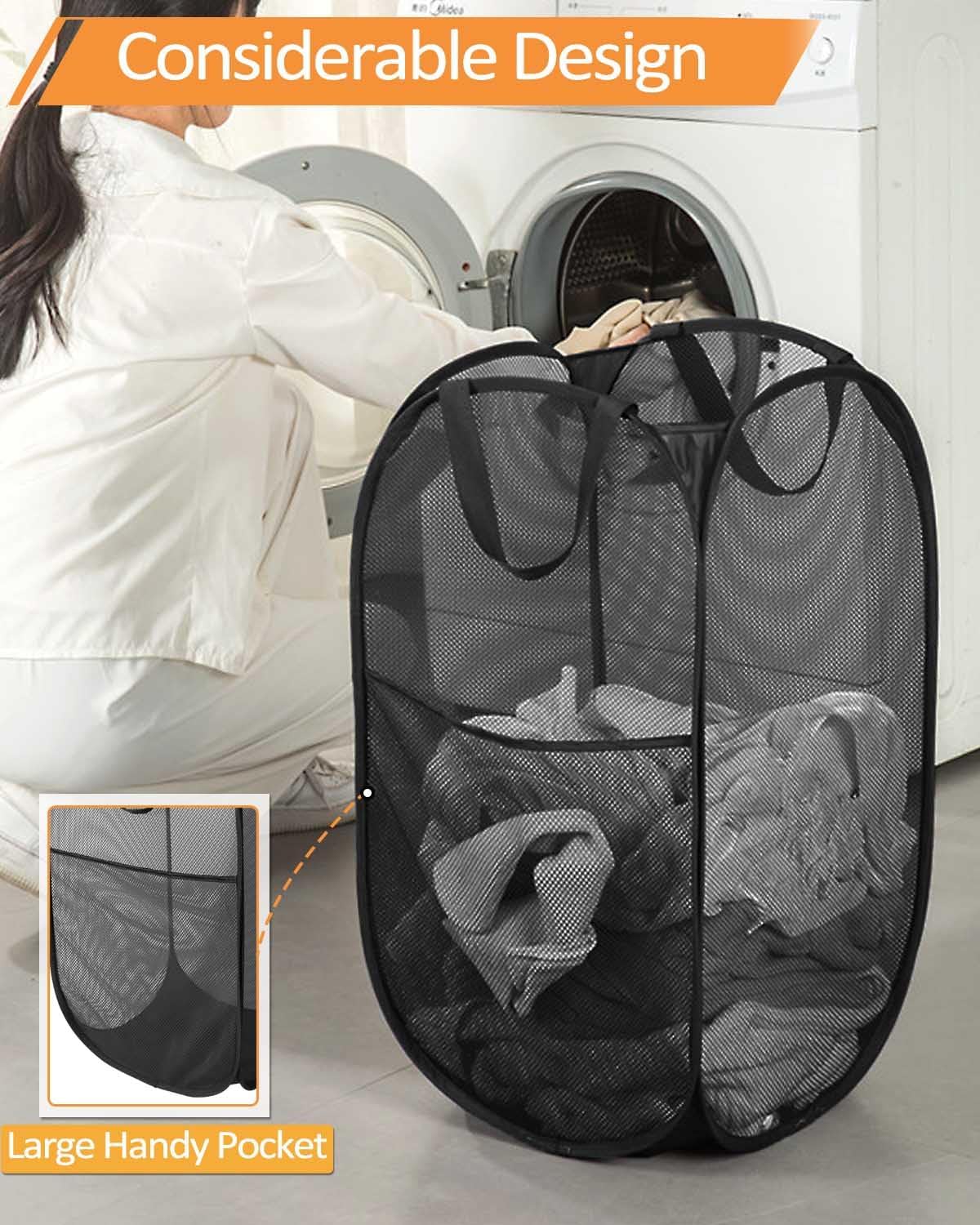 2 Pack Durable Collapsible Laundry Baskets - Reinforced Mesh Pop Up Laundry Hamper with Pocket, Foldable Dirty Clothes Hamper with Carry Handles for Laundry, Bathroom, Kids Room, Dorm or Travel Black