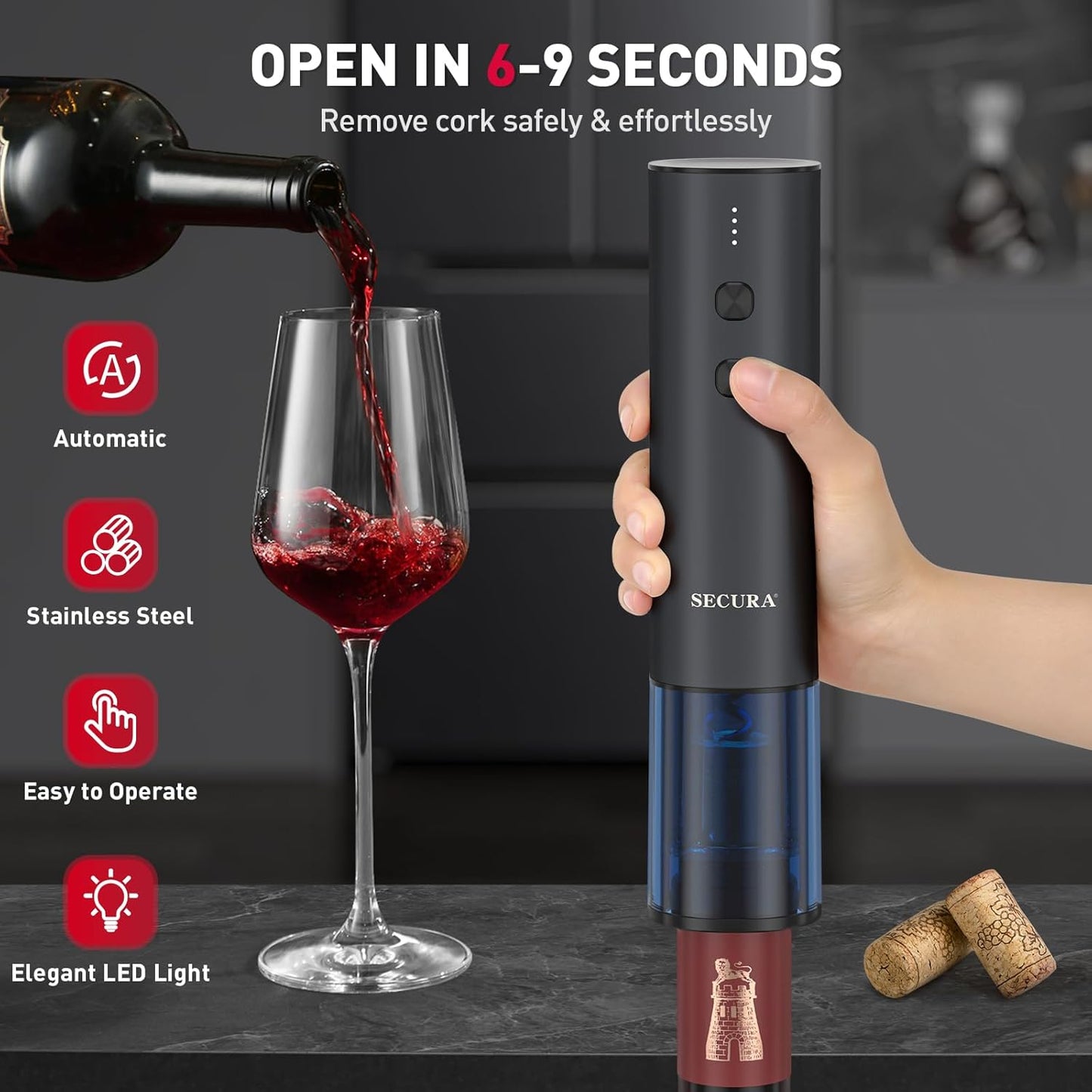 Secura Stainless Steel Electric Wine Opener, Rechargeable Automatic Home Wine Bottle Opener with Foil Cutter & Charging Cable, Reusable Corkscrew Wine Opener Electric for Wine Lovers, Black