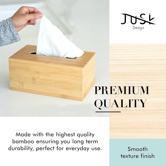 JUSK Design Tissue Box Holder - Modern, Minimalist, and Durable Wooden Tissue Box with Sliding Bottom, Easy-Refill - Premium-Quality Bamboo Tissue Box Cover, Fits 184-Count Box, Rectangular, Pack of 2