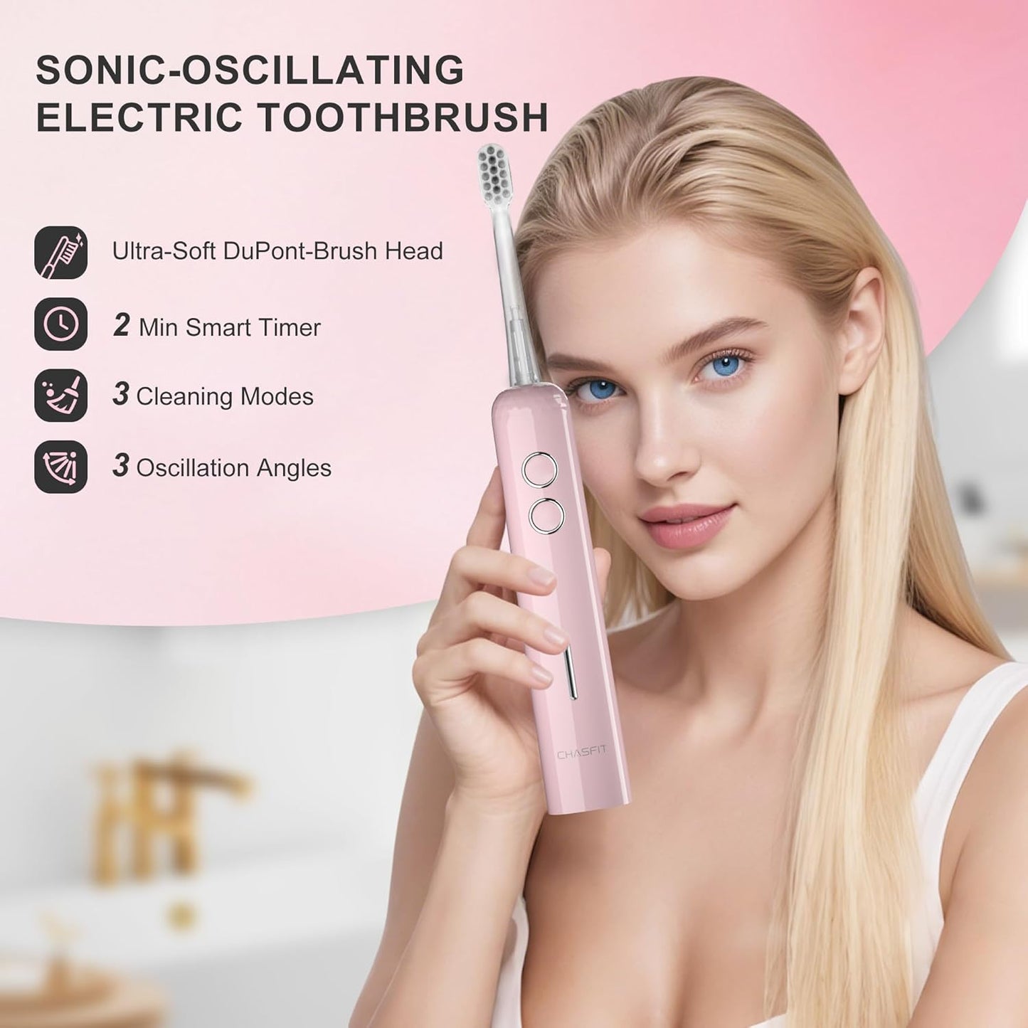 Electric Toothbrush Wave Oscillation & Vibration Sonic Tooth Brush for Adults BASS-Brushing Technique Travel Rechargeable Toothbrushes 4 Soft Bristle Replace Heads IPX7 Gifts for Men Women Pink