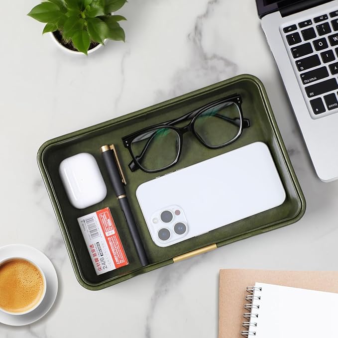 PU Leather Valet Tray with Gold Accent, Decorative Nightstand Organizer Desk Trays Cologne Organizer for Men - Key Bowl Vanity Trinket Tray for Dresser Bedside Entryway Table (Olive Green)