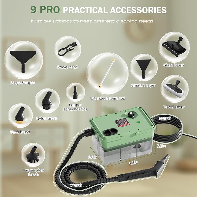 Handheld Steam Cleaner 2500W,10s Fast Heat-Up & 50.73OZ Large Tank,Pressurized Portable Steamer with 9 Accessories for Home,Car,Kitchen,Bathroom,Floors,Grout,Tile,Upholstery