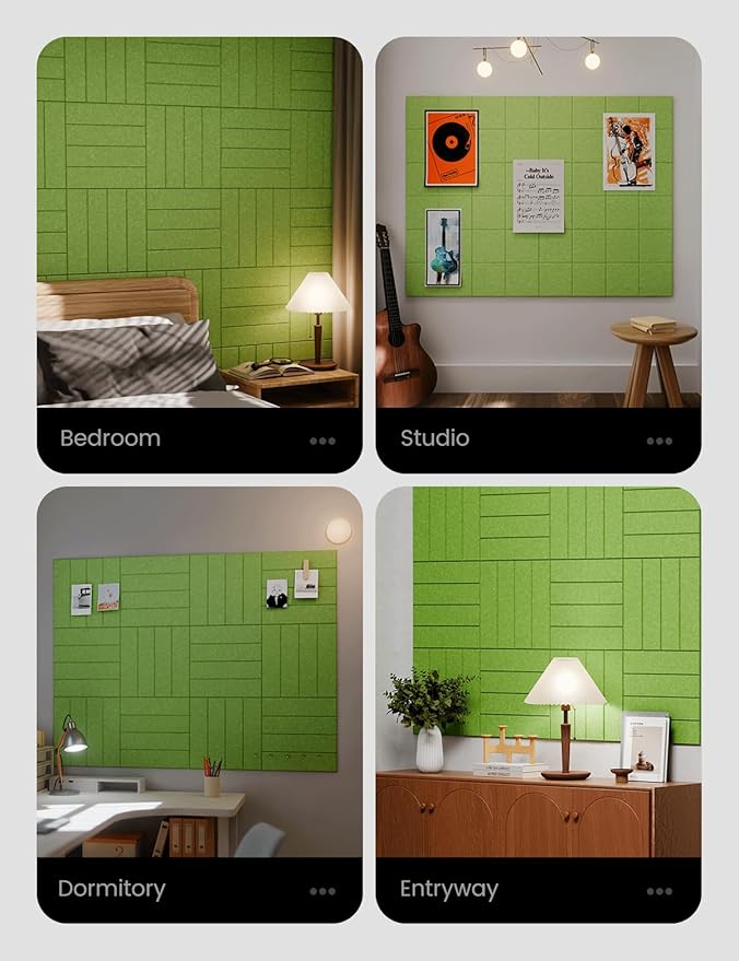 Felt Bulletin Board Tiles Large 48" x 36" Cork Board Alternative-12 Pack with 70 Adhesive Tabs, Thick Slat Wall Panels for Office Decor, Push Pin Board Wall Organizer Alternative-Grass Green