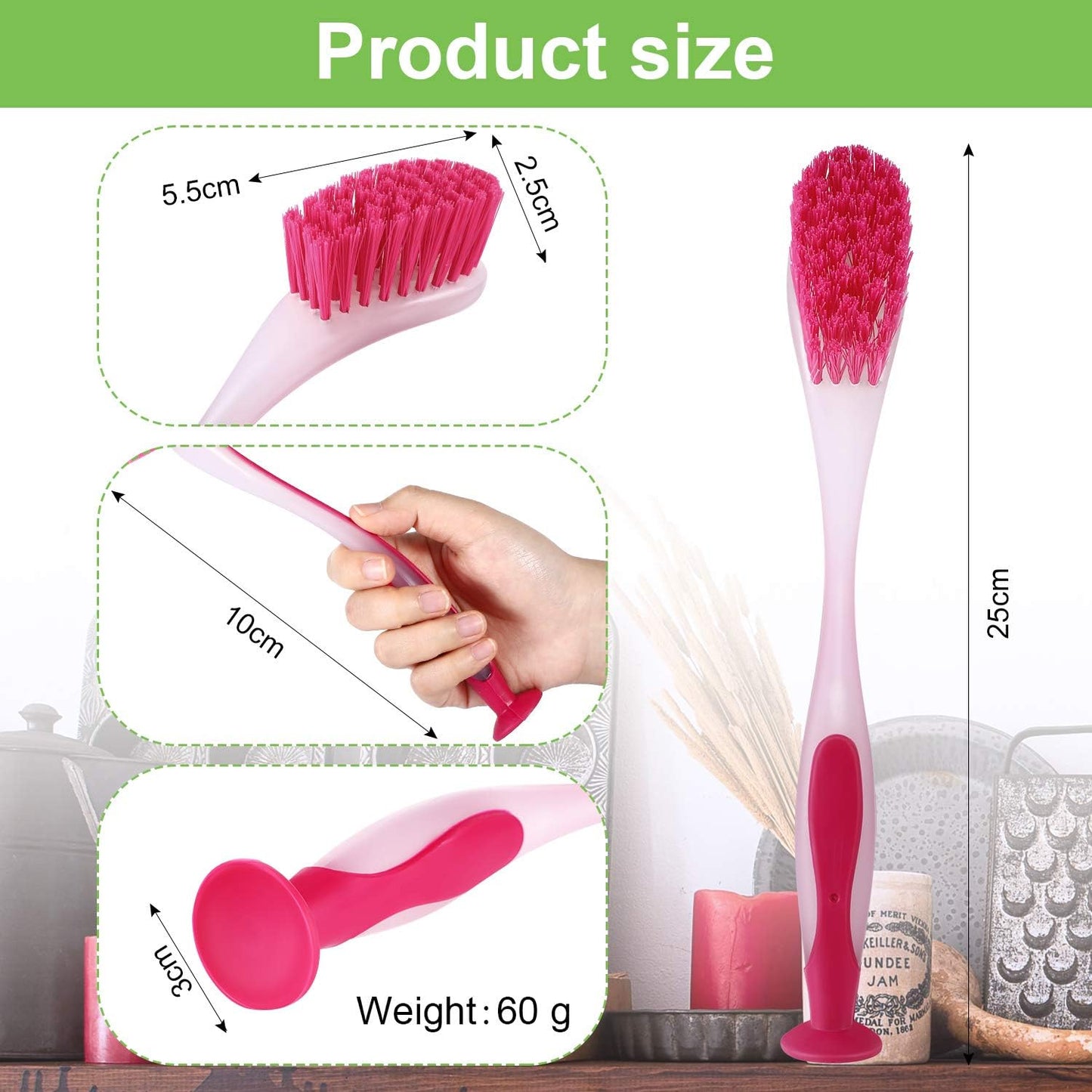 5 Pieces Long Dish Brush with Handle Assorted Color Dishwashing Brush with Suction Cup Multipurpose Scrub Cleaning Tool for Kitchen, Toilet, Etc.