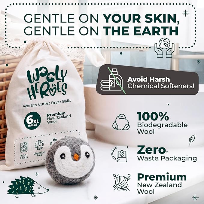 No More Dryer Sheets! Reusable Wool Dryer Balls XL 6-Pack - Reduces Static, Cuts Dry Time, & Softens Naturally