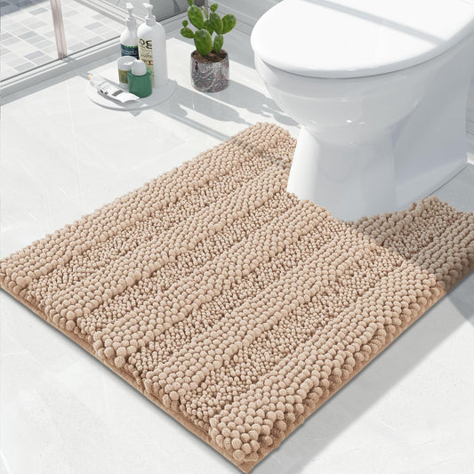 Yimobra Toilet Rugs U Shaped Washable 24 x 20, Non Slip and Super Absorbent Toilet Mat, Quick Dry, Ultra Luxury Microfiber Chenille Plush Fluffy Contour Bath Rugs for Toilet Base, Beige