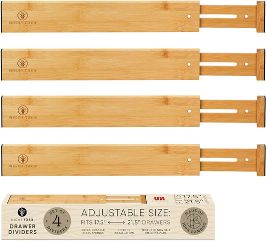 Night Tree Expandable Bamboo Drawer Dividers – Spring-Loaded Wooden Organizers for Clothes, Kitchen Utensils, Bathroom, and Dresser Drawers (18" to 20")