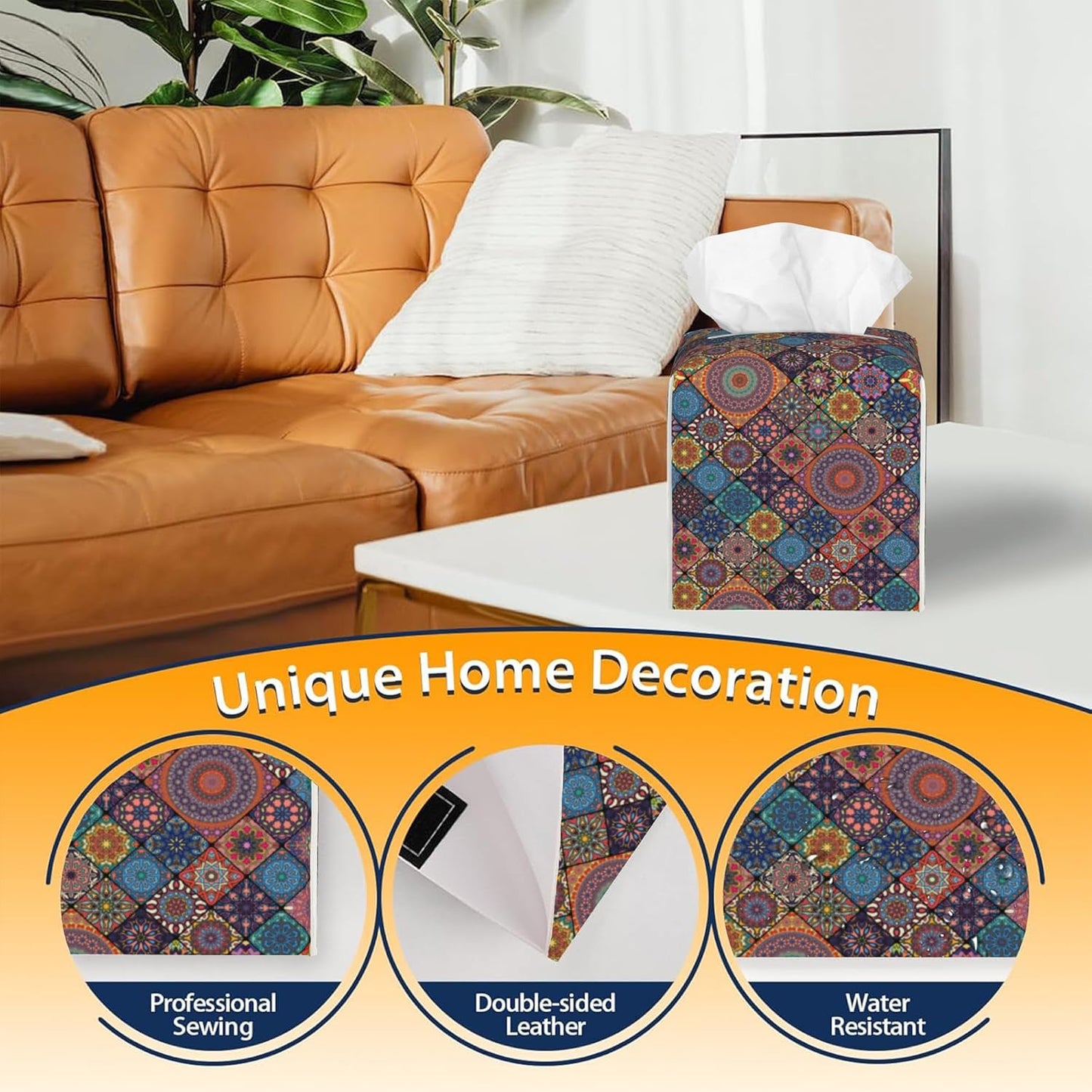 Tissue Box Cover Square, Boho Mandala Floral Morocco Tiles Leather Tissue Box Cover Decorative Facial Paper Organizer Dispenser for Bathroom Kitchen Bedroom Vanity Countertop Night Stands