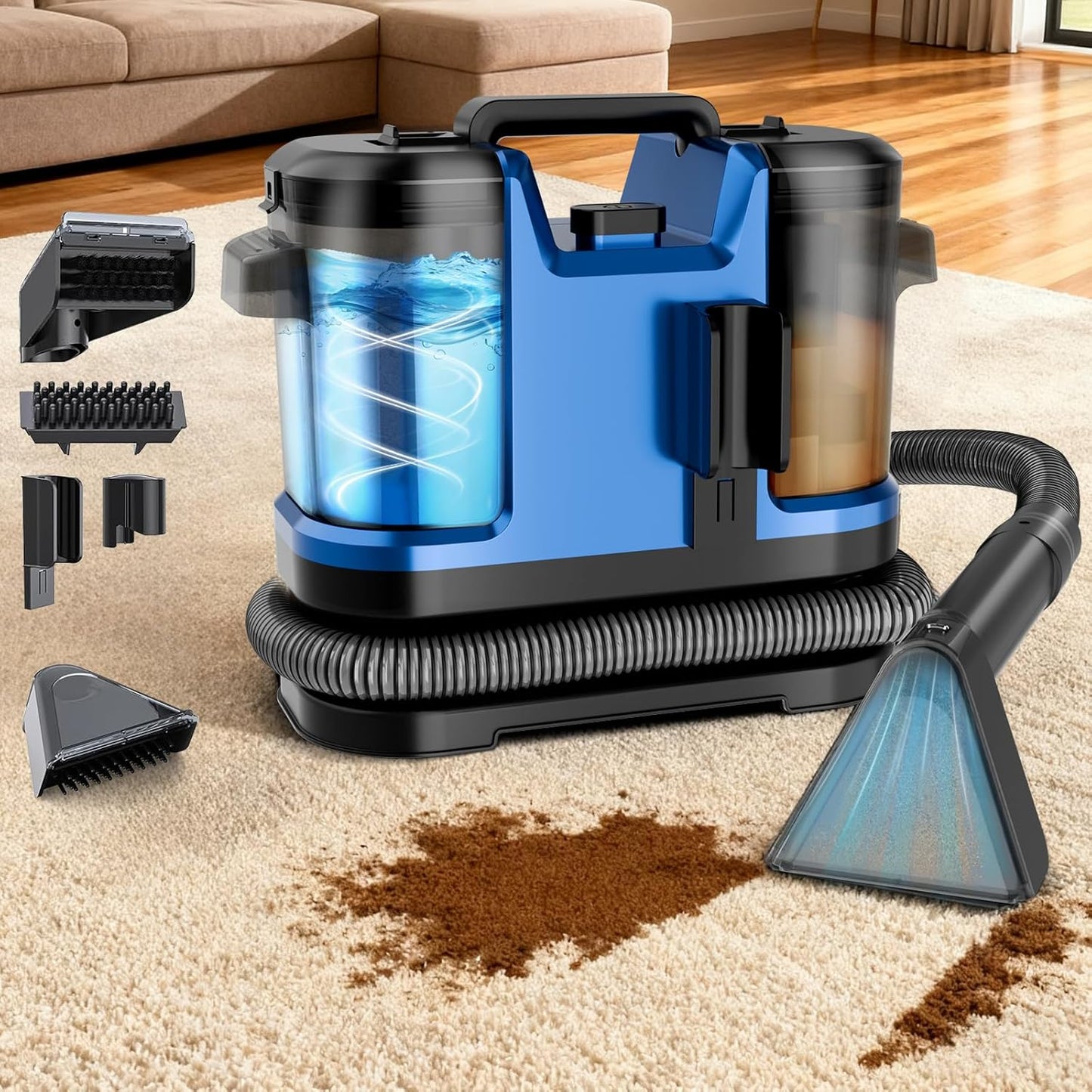 -Upgrade Portable Carpet & Upholstery Cleaner Machine, Small Handheld Spot Cleaner, 18Kpa Dual Brush & Large Removable Tank Multi-purpose Cleaner for Couch, Car, Stairs, Rugs, Pet Stains, Blue