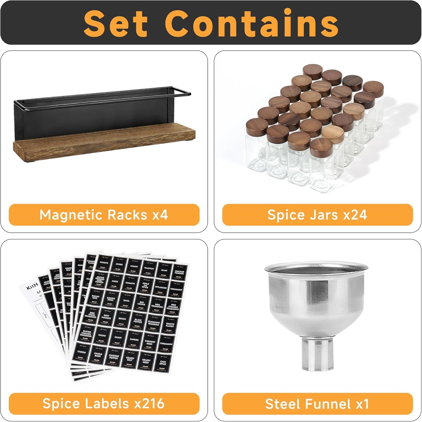 Wooden Lid Magnetic Spice Rack with 24 Jars, 216 Labels, 1 Steel Funnel for Refrigerator，Microwave Oven - Full Set of Spice Organizer