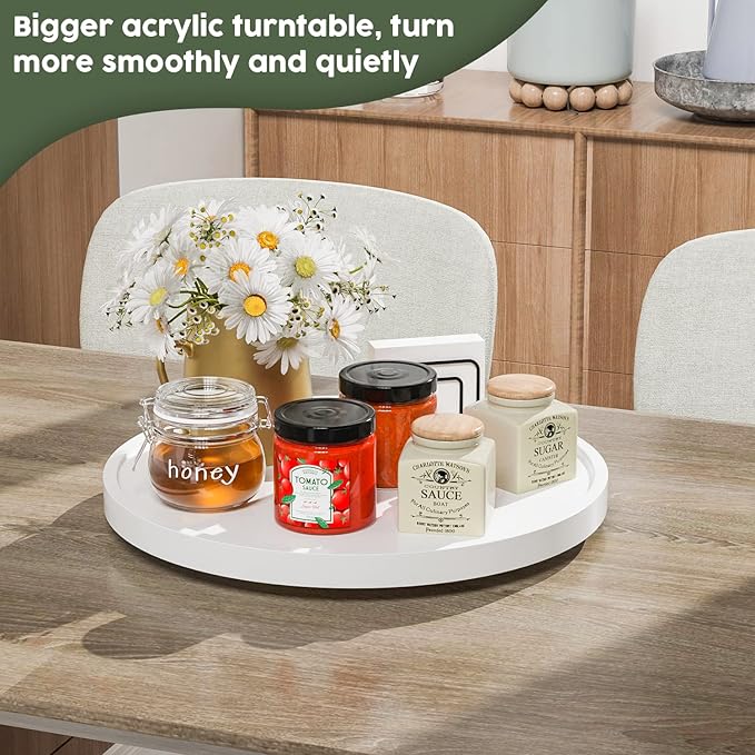 White Lazy Susan, 13.2 Inch Non-Skid Bamboo Turntable for Kitchen Table Cabinets and Closets, Wood Organizer for Kitchen Countertop