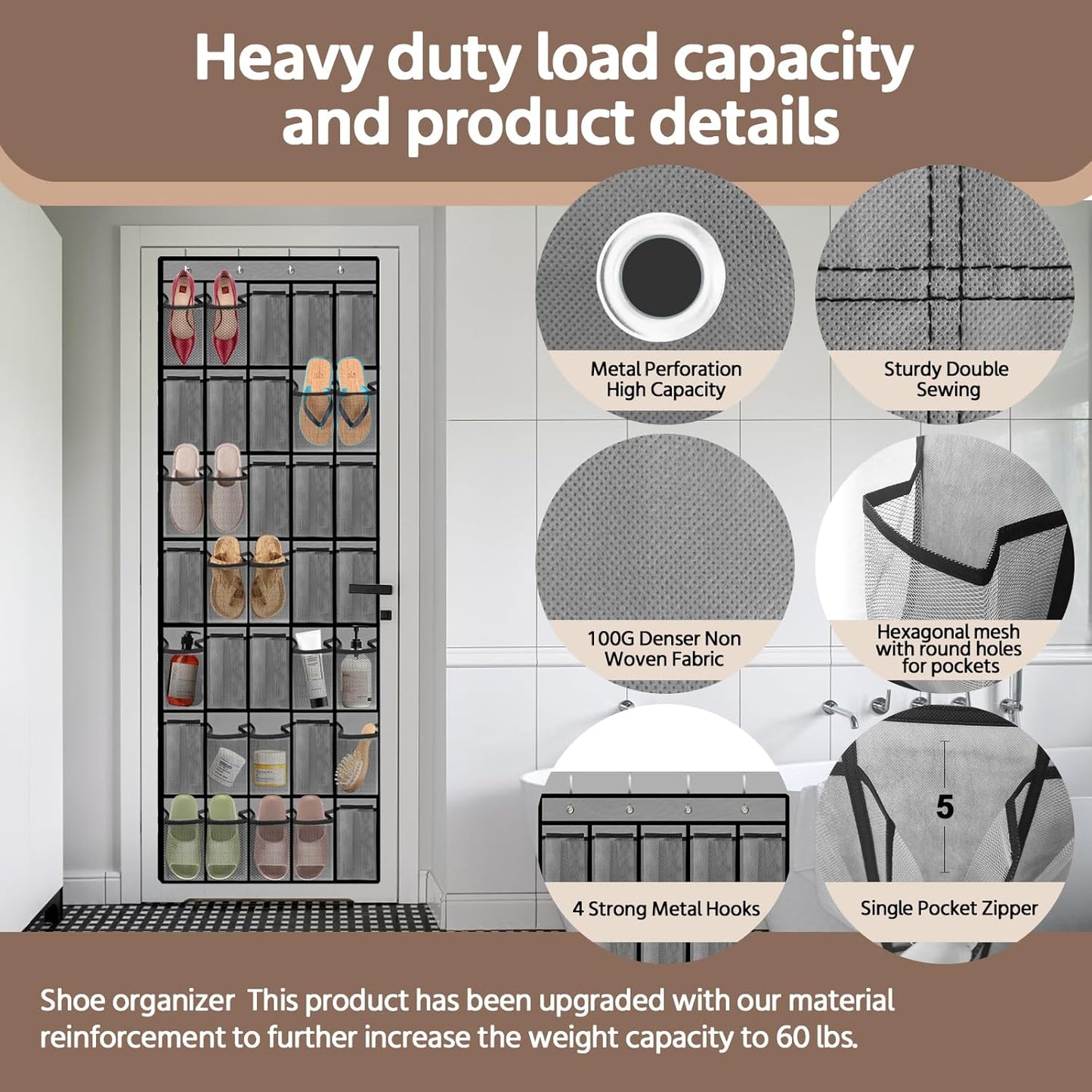 35 Pocket Over the Door Shoe Organizer,Reusable Breathable Large Mesh Bag Men's & Women's Sneaker Organizer,Shoe Organizer for Kids,Hanging Shoe Storage Hanging Bag (2PCS-Gray)