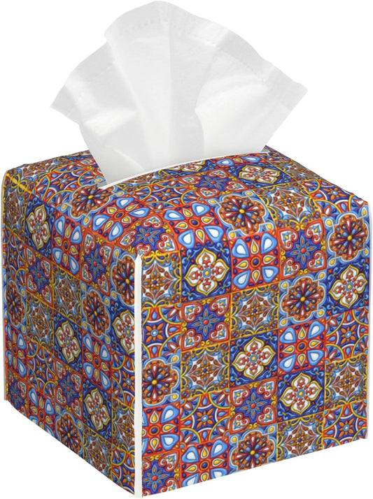 Mexican Talavera Ceramic Tile Tissue Box Cover Square, Retro Boho Flowers Tissue Box Holder Waterproof Leather Facial Paper Organizer Dispenser for Bathroom Home Car Nightstand Vanity Desk