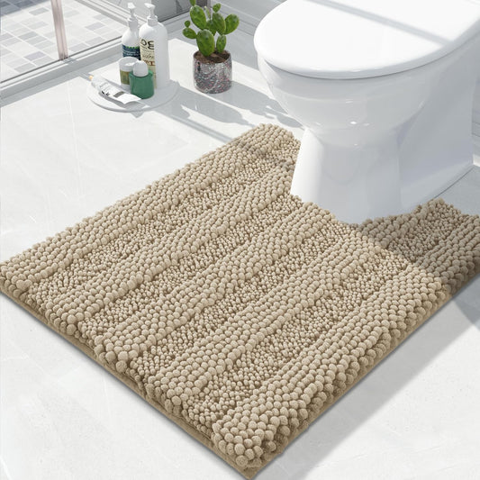 Yimobra Toilet Rugs U Shaped Washable 24 x 20, Non Slip and Super Absorbent Toilet Mat, Quick Dry, Ultra Luxury Microfiber Chenille Plush Fluffy Contour Bath Rugs for Toilet Base, Camel