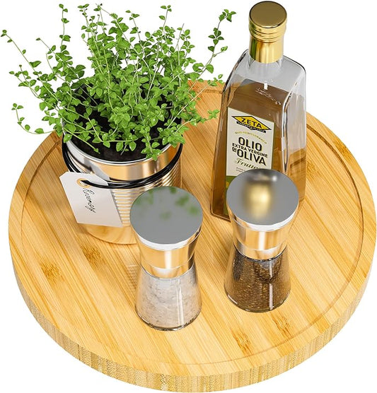 Lazy Susan Organizer, 10 Inch Non-Skid Bamboo Turntable Organizer for Salt Pepper Olive Oil and Spices Next to Stove, Wooden Lazy Susan for Table or Kitchen Countertop Organizer