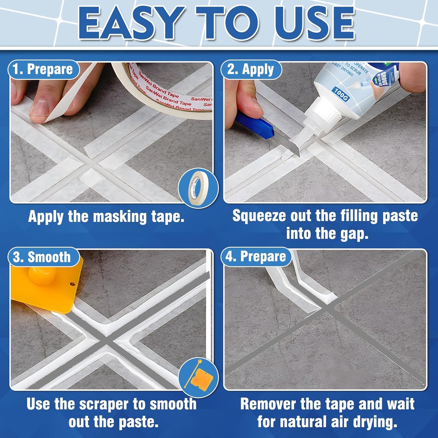 Tile Grout Repair Kit, 2 Pack Fast Drying Grout Filler for Bathroom, Kitchen, Shower, Versatile Triple Use with Grout Sealer, Replace Grout Pen for Restore and Renew Tile Joints Line (Grey)