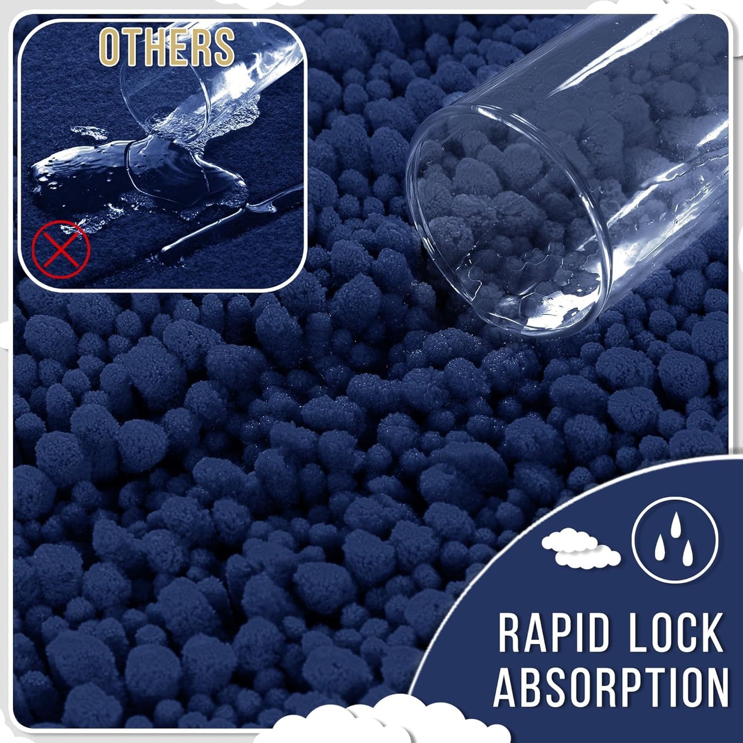 Yimobra Long Bathroom Rugs Non Slip Washable 44x24 Inch - Ultra Soft Absorbent Chenille Bath Mat, Quick Dry Shaggy Floor Carpet for Tub Shower, Navy Blue Home Decor Accessories