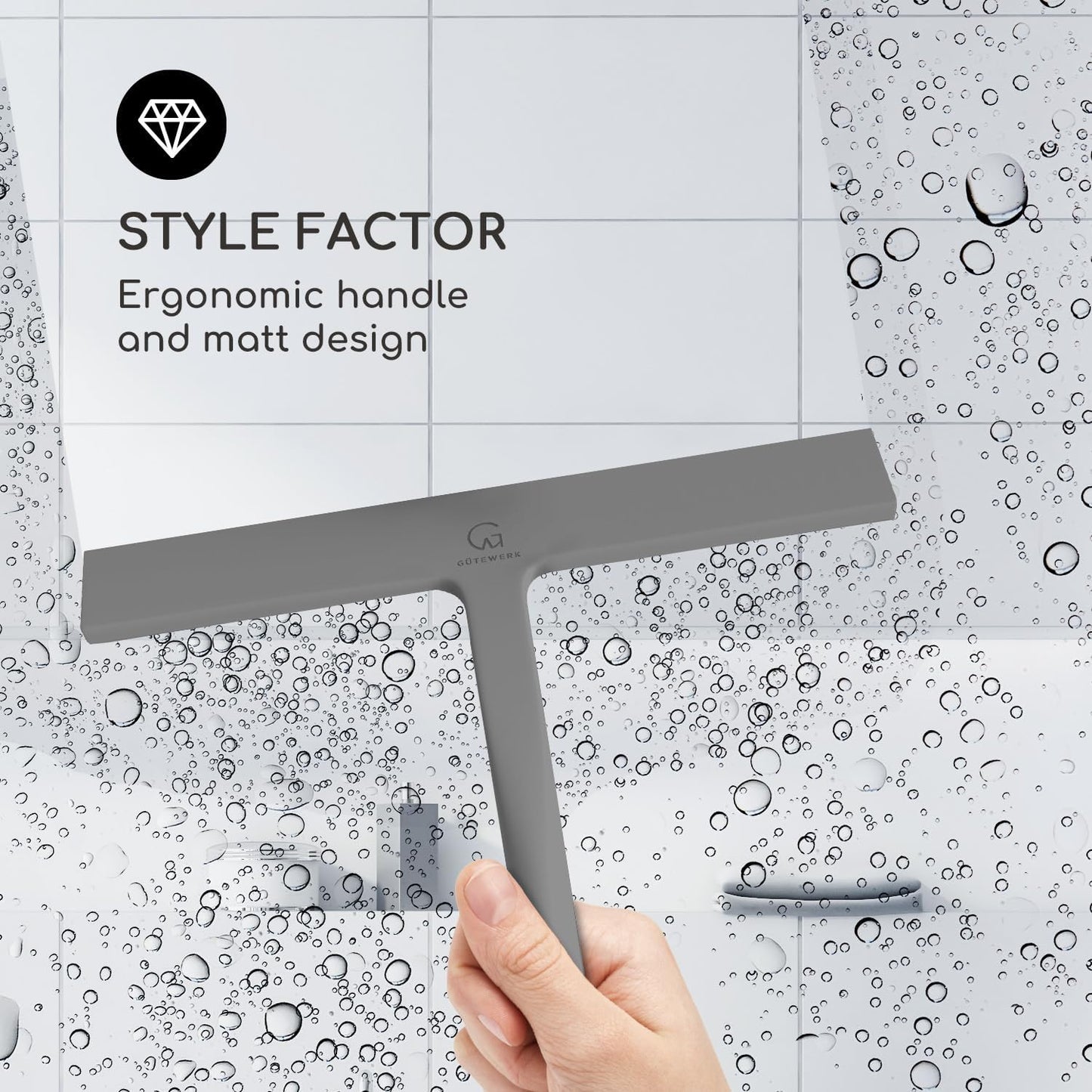 GÜTEWERK Shower Squeegee for Glass Doors, Silicone Window Squeegee, Bathroom and Glass Cleaning - Gray - 11 Inch
