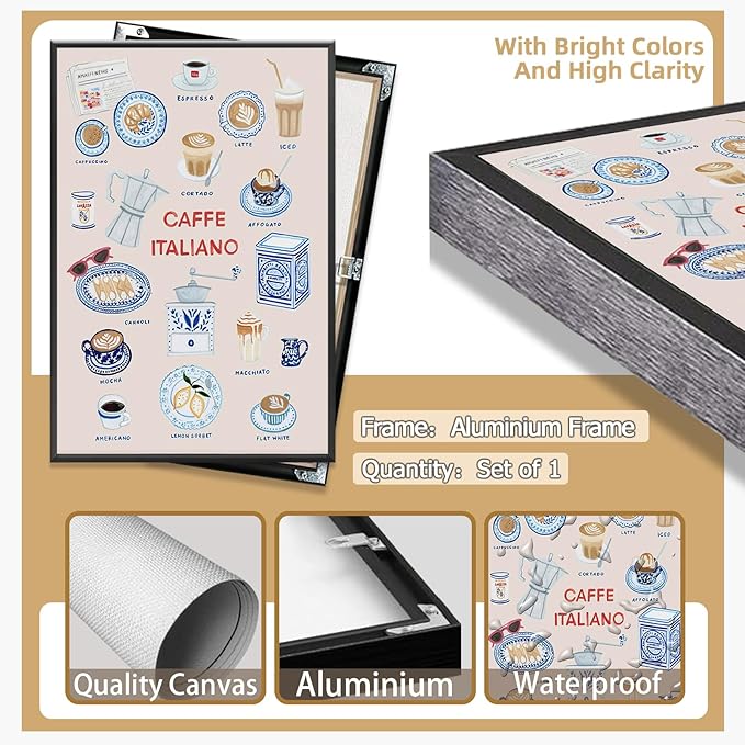 Trendy Espresso Coffee Italiano Wall Art Quirky Food Posters Italian Coffee Chart Canvas Print Painting Minimalism Home Decor Pictures for Kitchen Cafe Station Bar Club 24x36inch Metal Black Frame