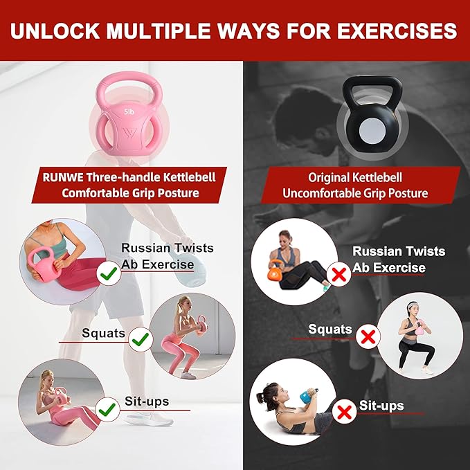 RUNWE 3 Handle Kettlebells Weight - Weight for Women Options 5, 10, 15 and 20 LB for Russian Twists AB Exercise, Weightlifting and Core Fitness Exercise Home Gym [Single in Sold]