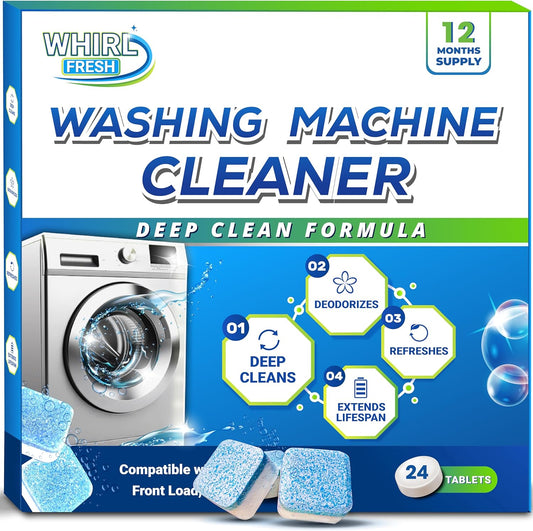 Washing Machine Cleaner Tablets, 24 Pack–Deep Cleaning Tablets for Top & Front Load HE Washer Cleaners, Descaler & Deodorizer, Septic Safe, Cleans Drum, Tub, Seal & All Internal Parts