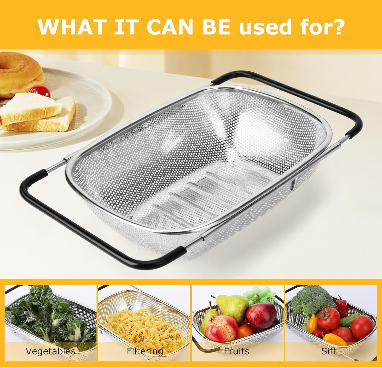 ZDRongZhen Kitchen Accessories Over the Sink Colander Strainer Basket，Stainless Steel Colander with Expandable Rubber Grip Sink Drainer-Rinse Vegetables Fruits &Strain&Drain (Medium-Dense round hole)