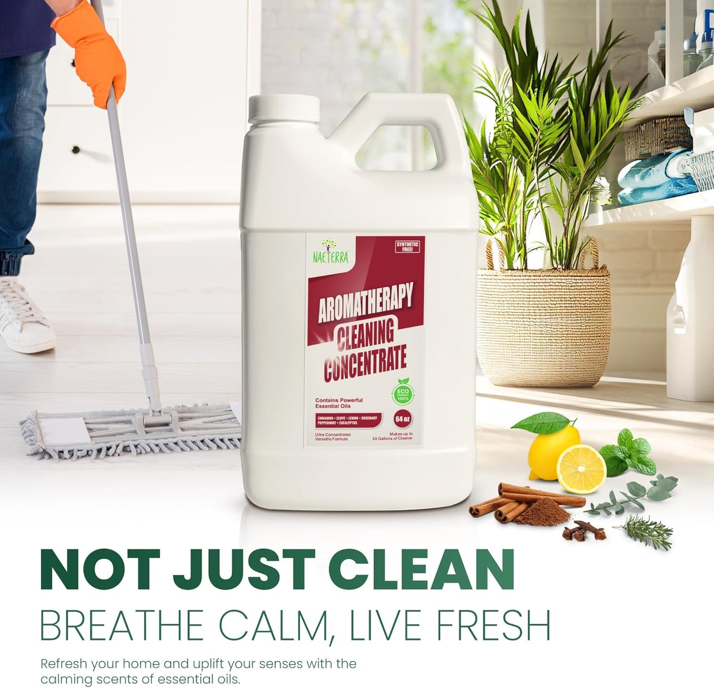 Naeterra Aromatherapy Cleaning Concentrate 64 oz Natural Multi-Surface Cleaner, Plant-Based and Biodegradable, Makes 24 Gallons, Cleaning Essential Oil Formula, Safe for Families and Pets
