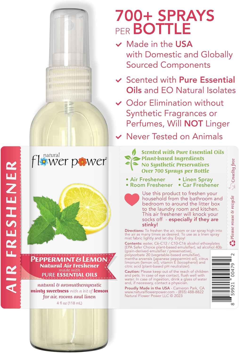 Natural Flower Power Air Freshener Spray - Odor Eliminator with Essential Oils for the Home, Car & Fabric - Cruelty Free & Vegan - Peppermint & Lemon - 2 x 4 oz
