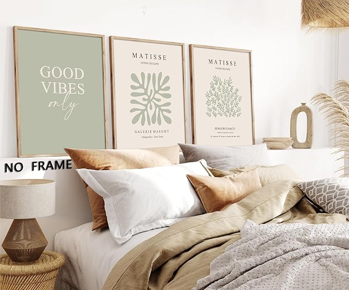 Hwetui Matisse Wall Art Set of 3 Sage Green Abstract Poster Canvas Prints Neutral Plant Leaves Painting Pictures Good Vibes Aesthetic Home Decor for Living Room Bedroom Bathroom 12''x16''Unframed