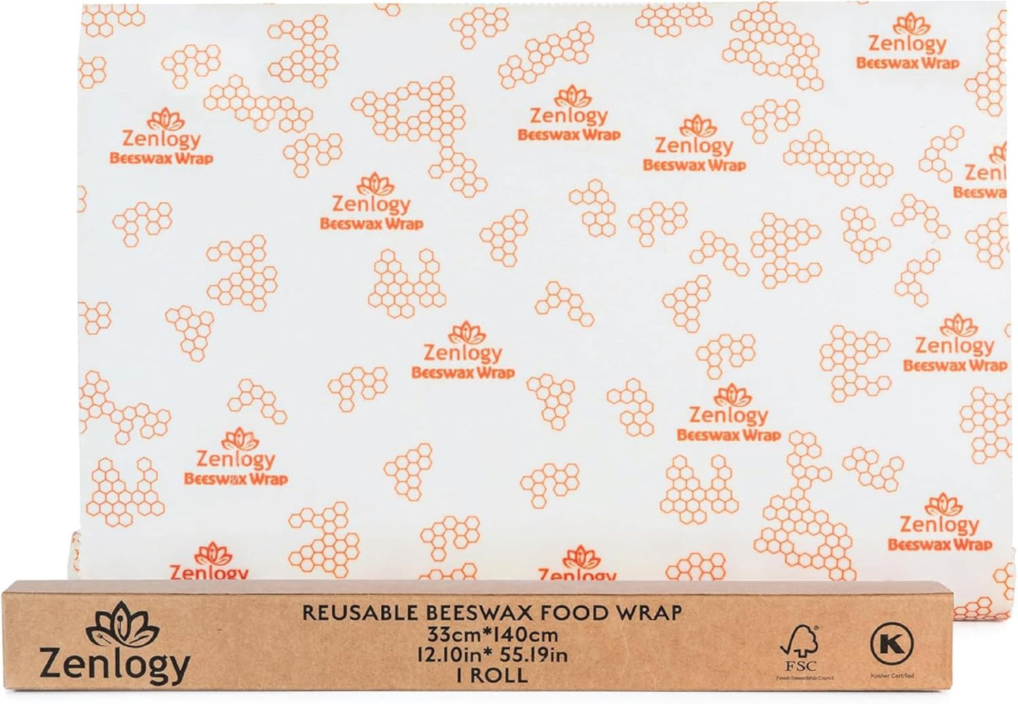 Zenlogy Reusable Beeswax Food Storage Wrap, Eco Friendly Alternative, Sustainable Organic Cut to Size Cotton Beeswax Wraps, 1 Roll, 13in x 55in (33cm x 140cm)
