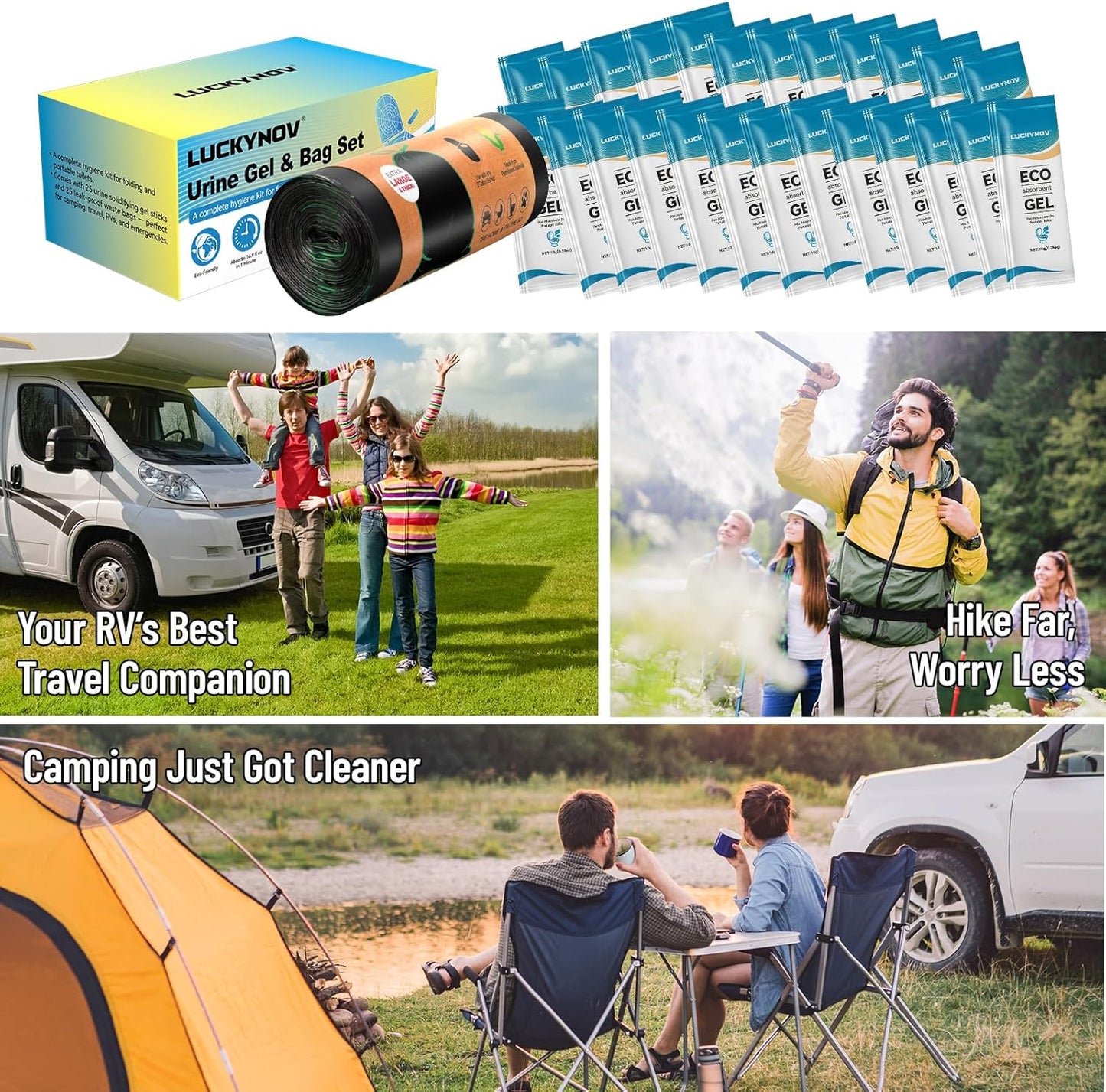 25 Portable Toilet Bags with 25 Poo Gels, 8 Gallon Leak-Proof Camping Toilet Waste Bags – Absorbent Gel Value Pack for Portable Potty, RV, Hiking, Travel, Outdoor Use